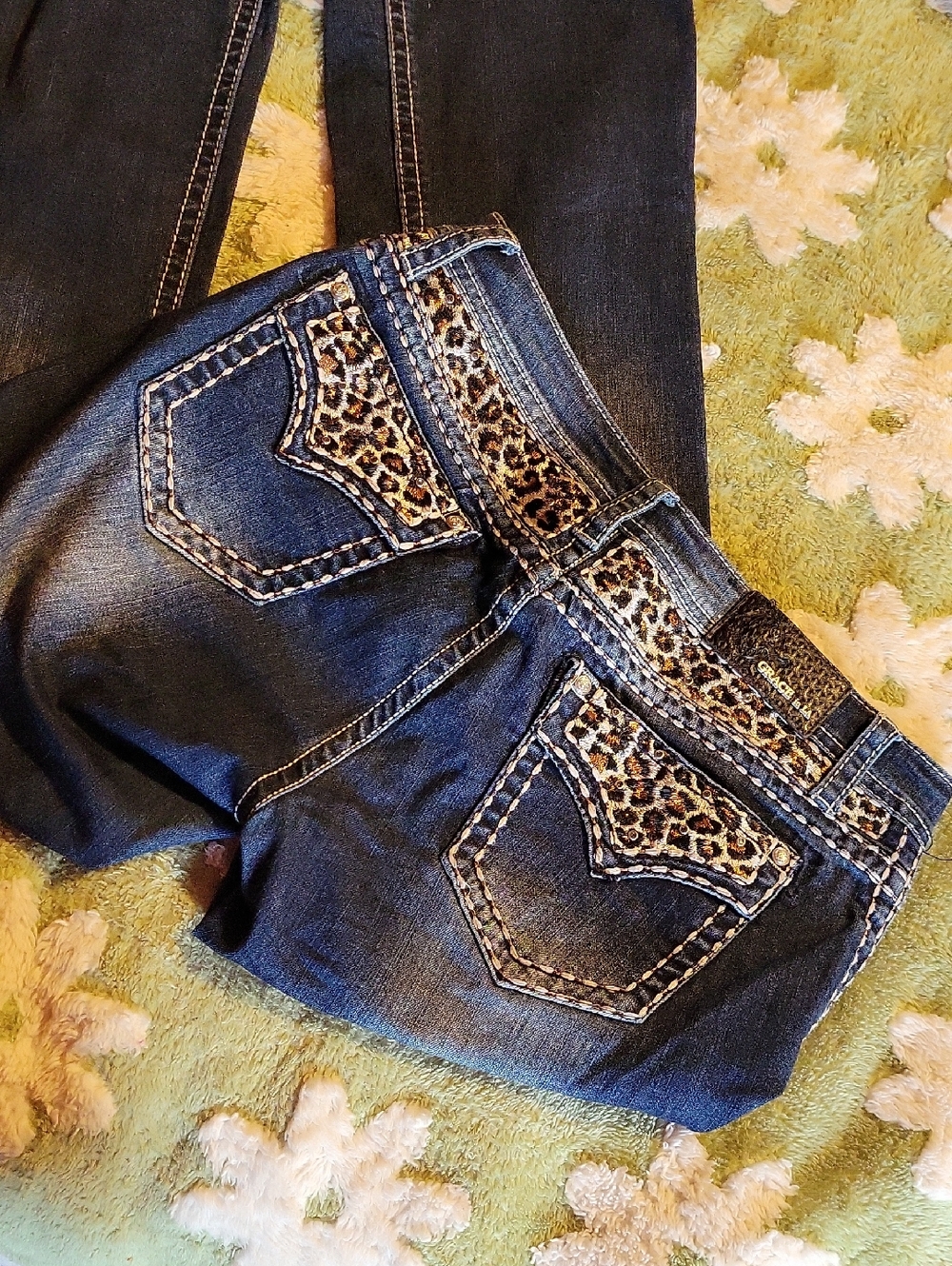 Grace in LA Dark Blue Boot Cut Jeans with Leopard Trim